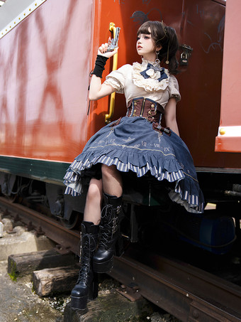 クラシックなロリータスーツ、白いブラウスと青いスカート、コルセットの3点セット、スチームパンク時代のスタイルのロリータコスチューム