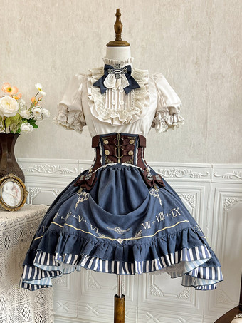 クラシックなロリータスーツ、白いブラウスと青いスカート、コルセットの3点セット、スチームパンク時代のスタイルのロリータコスチューム