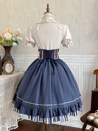 クラシックなロリータスーツ、白いブラウスと青いスカート、コルセットの3点セット、スチームパンク時代のスタイルのロリータコスチューム