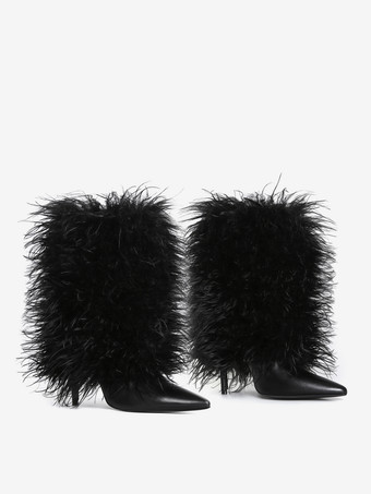 ブラックのアンクルブーツ プラスサイズ フェイクフェザー ポインテッドトゥ ハイヒールブーツ