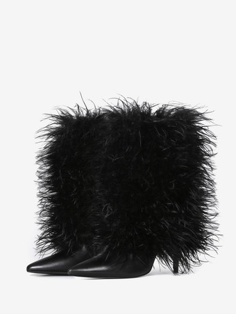 ブラックのアンクルブーツ プラスサイズ フェイクフェザー ポインテッドトゥ ハイヒールブーツ