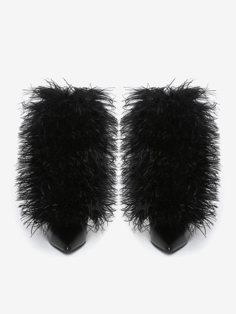 ブラックのアンクルブーツ プラスサイズ フェイクフェザー ポインテッドトゥ ハイヒールブーツ