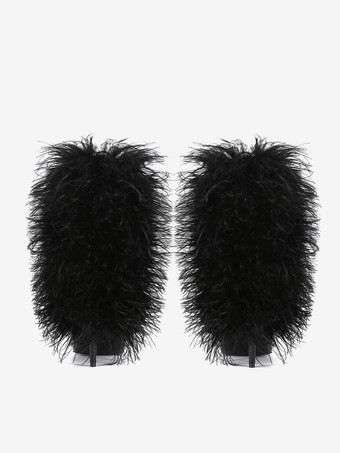 ブラックのアンクルブーツ プラスサイズ フェイクフェザー ポインテッドトゥ ハイヒールブーツ