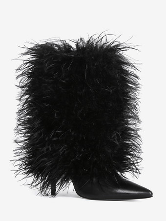 ブラックのアンクルブーツ プラスサイズ フェイクフェザー ポインテッドトゥ ハイヒールブーツ