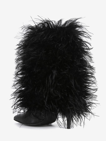 ブラックのアンクルブーツ プラスサイズ フェイクフェザー ポインテッドトゥ ハイヒールブーツ