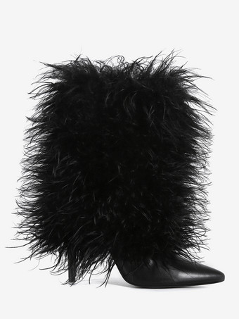 ブラックのアンクルブーツ プラスサイズ フェイクフェザー ポインテッドトゥ ハイヒールブーツ