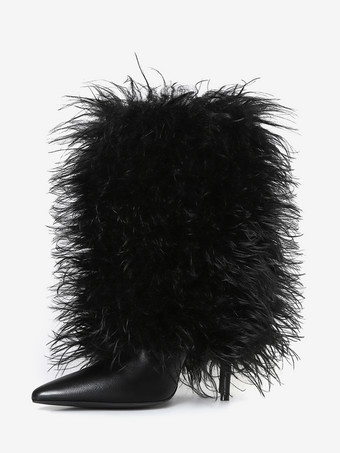 ブラック ブラックのアンクルブーツ プラスサイズ フェイクフェザー ポインテッドトゥ ハイヒールブーツ