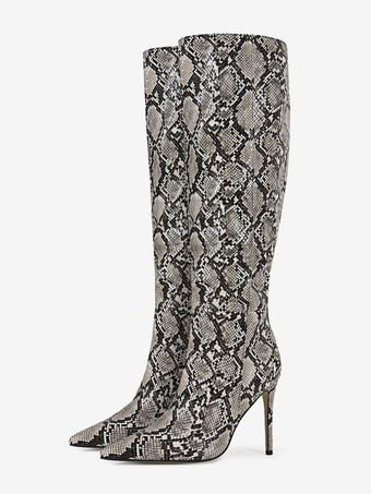 Stivali alti fino al ginocchio da donna con motivo a serpente punta a punta tacco alto