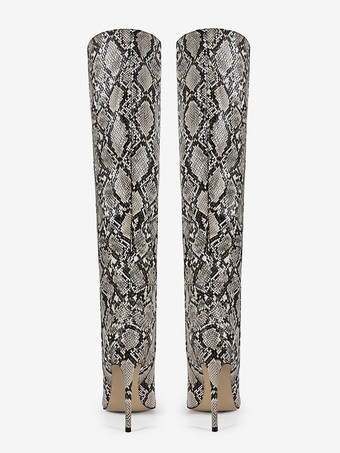 Stivali alti fino al ginocchio da donna con motivo a serpente punta a punta tacco alto