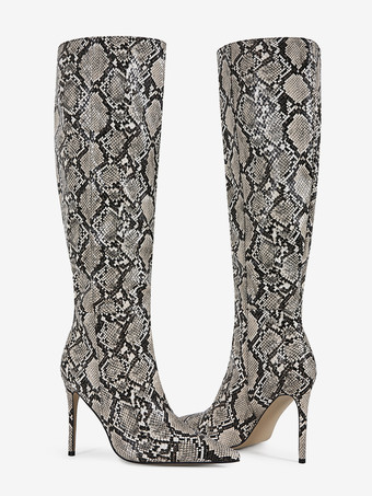 Stivali alti fino al ginocchio da donna con motivo a serpente punta a punta tacco alto