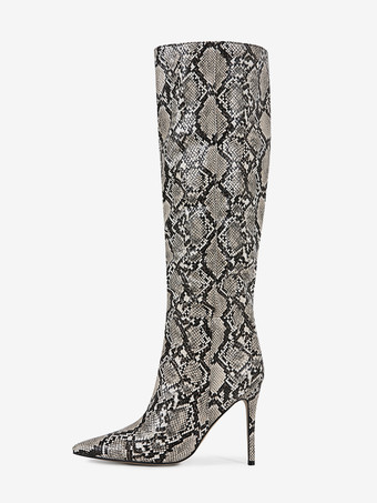 Stivali alti fino al ginocchio da donna con motivo a serpente punta a punta tacco alto