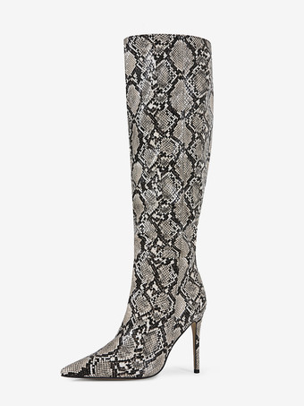 SerpentinaStivali alti fino al ginocchio da donna con motivo a serpente punta a punta tacco alto