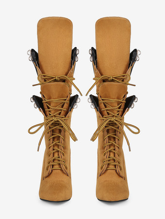 Wildlederstiefel mittelhoch Damen spitz zulaufend Schnürstiefel mit hohem Absatz