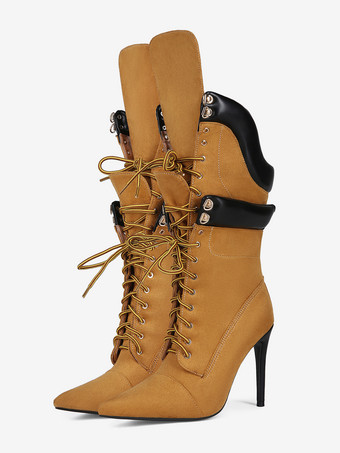 Wildlederstiefel mittelhoch Damen spitz zulaufend Schnürstiefel mit hohem Absatz