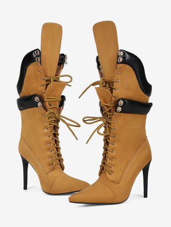 Wildlederstiefel mittelhoch Damen spitz zulaufend Schnürstiefel mit hohem Absatz