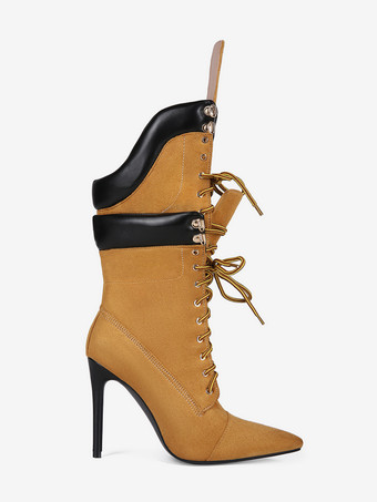 Wildlederstiefel mittelhoch Damen spitz zulaufend Schnürstiefel mit hohem Absatz