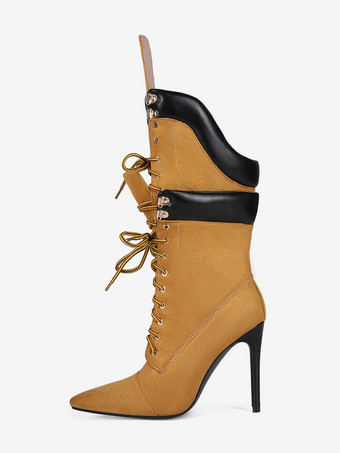 Wildlederstiefel mittelhoch Damen spitz zulaufend Schnürstiefel mit hohem Absatz