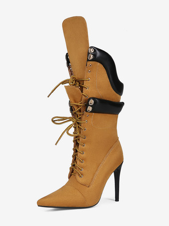 Braun Wildlederstiefel mittelhoch Damen spitz zulaufend Schnürstiefel mit hohem Absatz