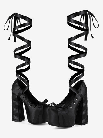 Black High Heel Pumps Satin Round Toe Chunky Heel Lace Up Lolita Shoes