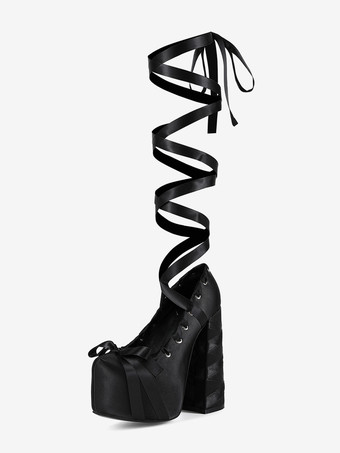 Black Black High Heel Pumps Satin Round Toe Chunky Heel Lace Up Lolita Shoes