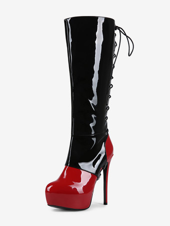 Black Sexy Knee High Boots Women's Platform Buckle Detail Lace Up High Heel Boots