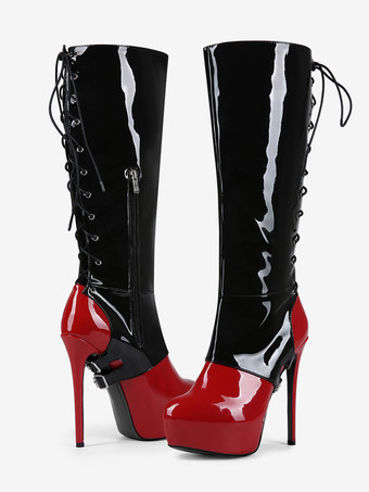 Sexy Knee High Boots Women's Platform Buckle Detail Lace Up High Heel Boots