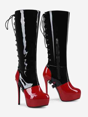 Sexy Knee High Boots Women's Platform Buckle Detail Lace Up High Heel Boots