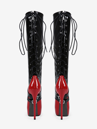 Sexy Knee High Boots Women's Platform Buckle Detail Lace Up High Heel Boots