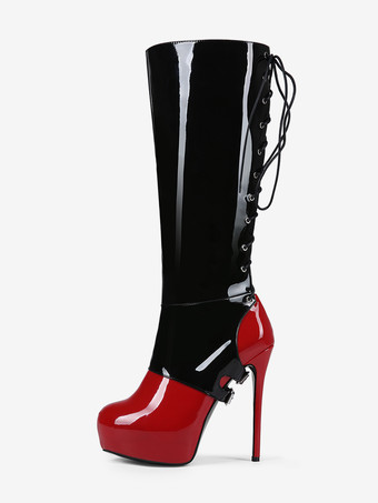 Sexy Knee High Boots Women's Platform Buckle Detail Lace Up High Heel Boots