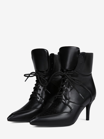 Black Ankle Heels Pointed Toe Lace Up Stiletto Heel Booties