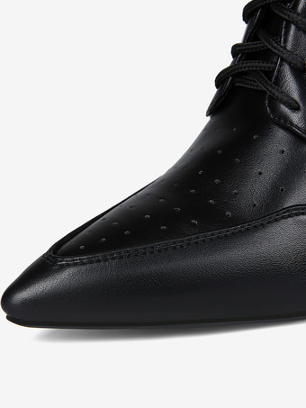 Black Ankle Heels Pointed Toe Lace Up Stiletto Heel Booties
