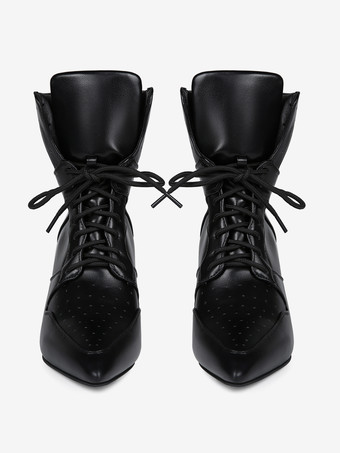 Black Ankle Heels Pointed Toe Lace Up Stiletto Heel Booties