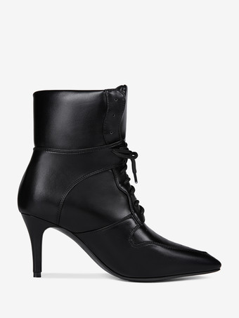 Black Ankle Heels Pointed Toe Lace Up Stiletto Heel Booties