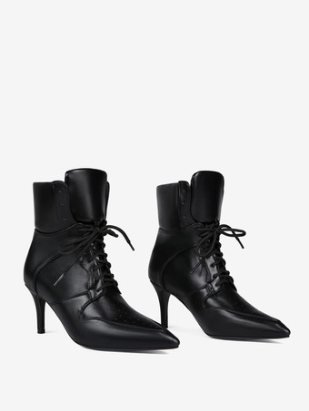 Black Ankle Heels Pointed Toe Lace Up Stiletto Heel Booties