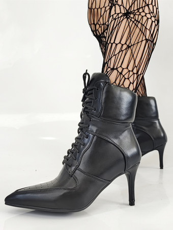Black Ankle Heels Pointed Toe Lace Up Stiletto Heel Booties