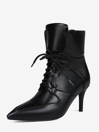 Black Black Ankle Heels Pointed Toe Lace Up Stiletto Heel Booties