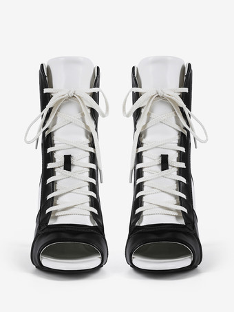 Botines negros de tacón alto con cordones y punta abierta para mujer