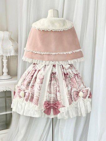 スイートロリータドレス、漫画プリントJSKドレスとピンクのケープのツーピースセット、かわいいプリンセスジャンパースカートセット