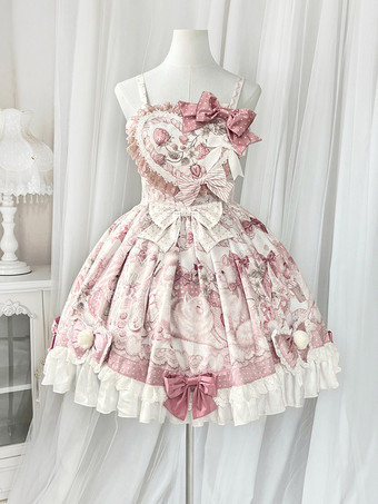 スイートロリータドレス、漫画プリントJSKドレスとピンクのケープのツーピースセット、かわいいプリンセスジャンパースカートセット