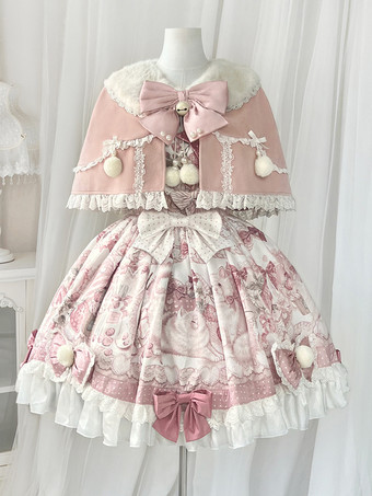 スイートロリータドレス、漫画プリントJSKドレスとピンクのケープのツーピースセット、かわいいプリンセスジャンパースカートセット