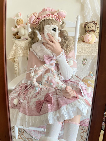 スイートロリータドレス、漫画プリントJSKドレスとピンクのケープのツーピースセット、かわいいプリンセスジャンパースカートセット