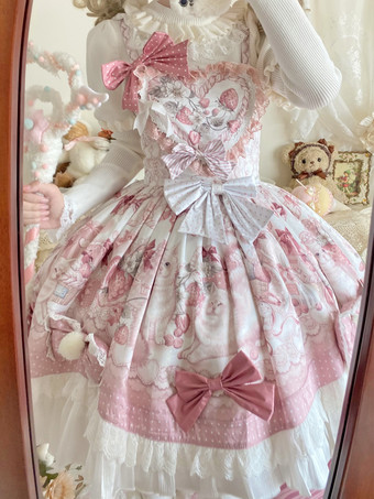 スイートロリータドレス、漫画プリントJSKドレスとピンクのケープのツーピースセット、かわいいプリンセスジャンパースカートセット