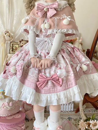 スイートロリータドレス、漫画プリントJSKドレスとピンクのケープのツーピースセット、かわいいプリンセスジャンパースカートセット
