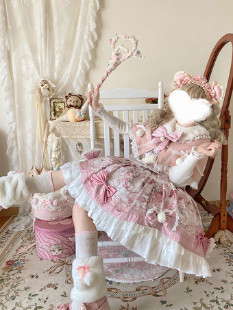 スイートロリータドレス、漫画プリントJSKドレスとピンクのケープのツーピースセット、かわいいプリンセスジャンパースカートセット