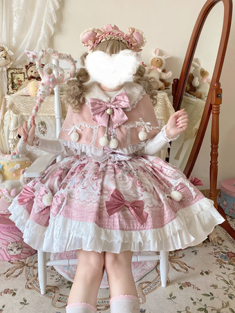 スイートロリータドレス、漫画プリントJSKドレスとピンクのケープのツーピースセット、かわいいプリンセスジャンパースカートセット