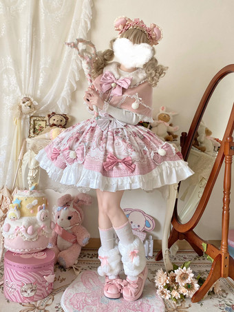 スイートロリータドレス、漫画プリントJSKドレスとピンクのケープのツーピースセット、かわいいプリンセスジャンパースカートセット