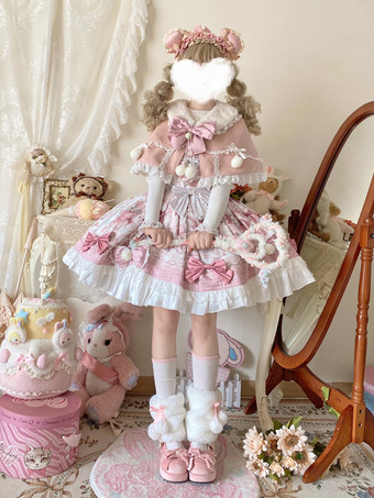 スイートロリータドレス、漫画プリントJSKドレスとピンクのケープのツーピースセット、かわいいプリンセスジャンパースカートセット