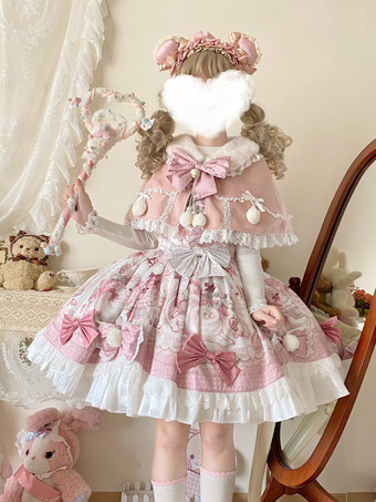 スイートロリータドレス、漫画プリントJSKドレスとピンクのケープのツーピースセット、かわいいプリンセスジャンパースカートセット