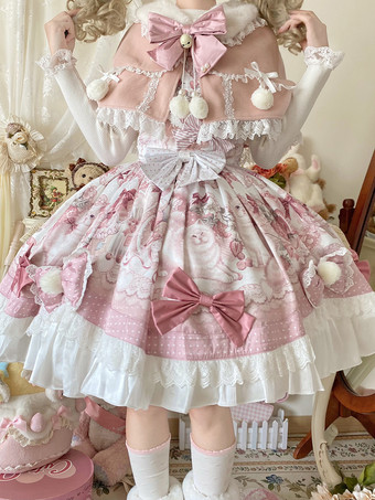 ピンクスイートロリータドレス、漫画プリントJSKドレスとピンクのケープのツーピースセット、かわいいプリンセスジャンパースカートセット
