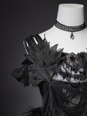 ゴシックロリータドレス ブラックスワントレイン ストラップレス ジャンパードレス チョーカーとヘッドピースアクセサリー付き